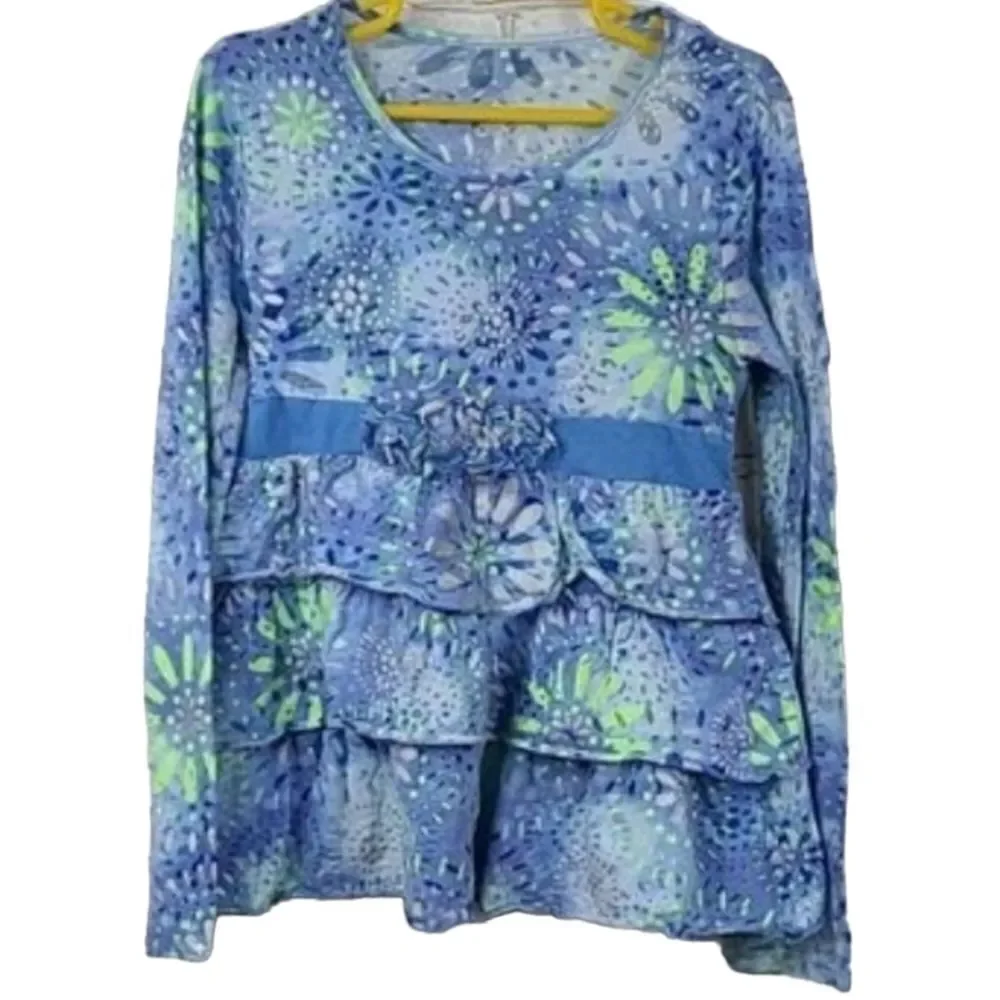 Justice Girls 8 Blue Tiered Ruffle Long Sleeve Floral Burnout Tee Knit Top Shirt